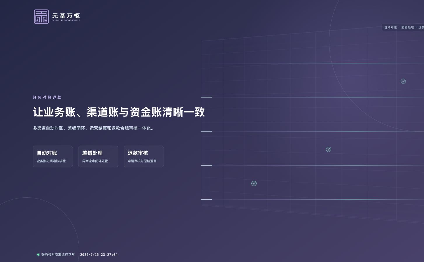 管道直饮水运营账务对账与退款管理系统公开产品能力主视觉